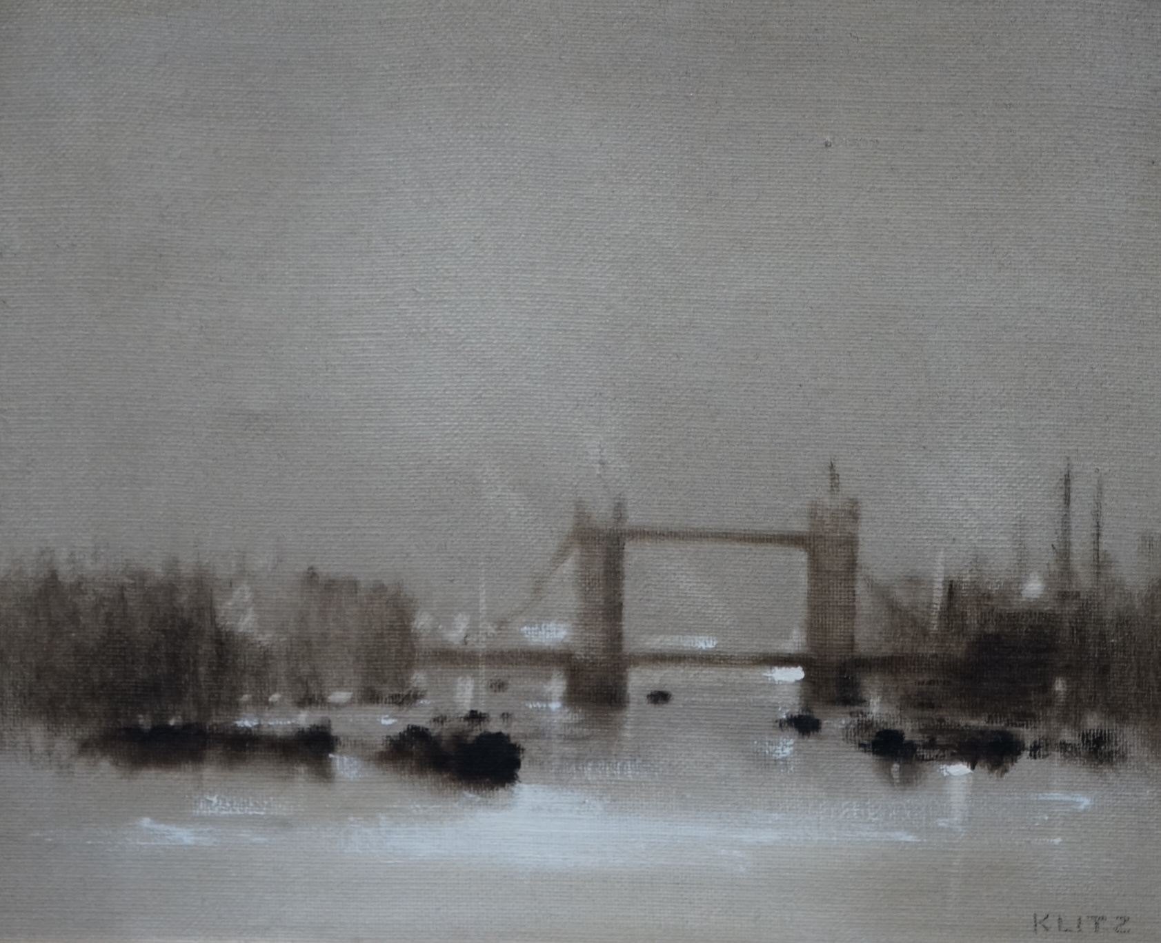 Anthony Robert Klitz (1917-2000), 1960's monochrome oil on canvas, Thames view with Tower Bridge, signed, 50 x 60cm. Condition - good